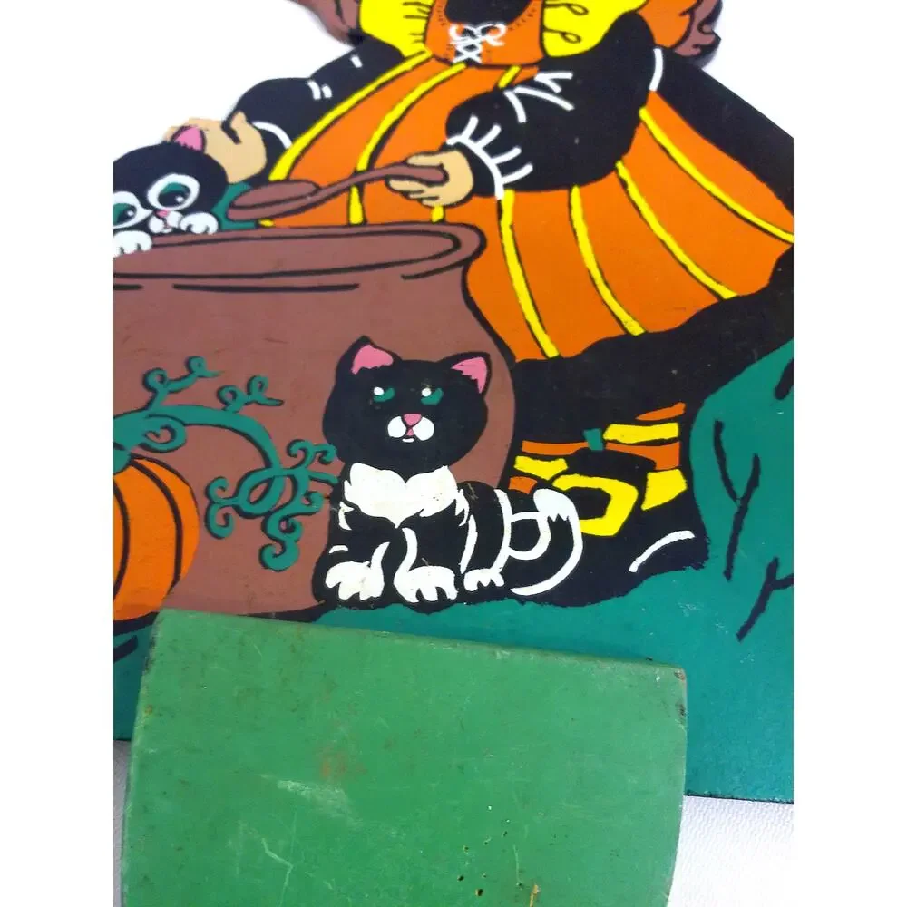 Vintage Witch Halloween Wooden Yard Stake Cauldron Black Cat Pumpkin
